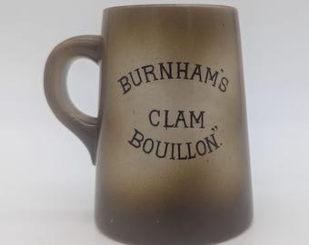 Antique Morris Wilmore Pottery Co Monk Small Mug Burnham's Clam Bouillon Brown Crazing Kitchen Cabin Decor