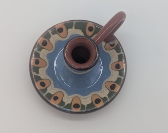 Vintage Bulgarian Art Pottery Small Candlestick Holder Blue Peach Crazing
