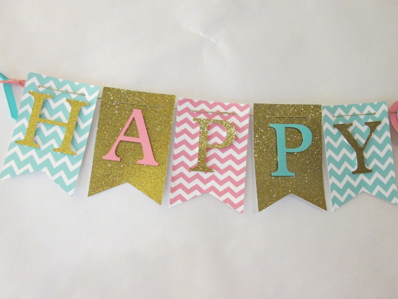 Pink teal and glitter gold Happy birthday banner first | Etsy