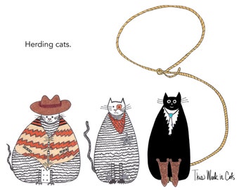 Tarjeta divertida de gatos arreando – Arte vaquero del oeste