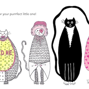 Carte de chat - bébé fille douche Félicitations chats rose bavoir Bonnet couche Pins tétine chaton cigogne