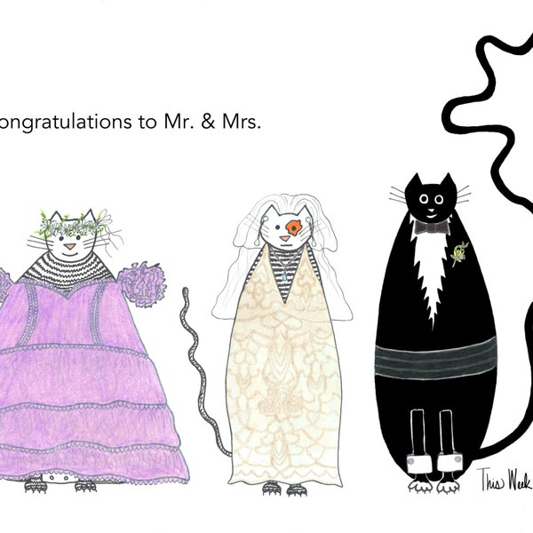 Cat card - Wedding Congratulations Mr. Mrs. Funny Cats Three Cats Bride Groom Bridesmaid Tuxedo Knot Veil Flowers