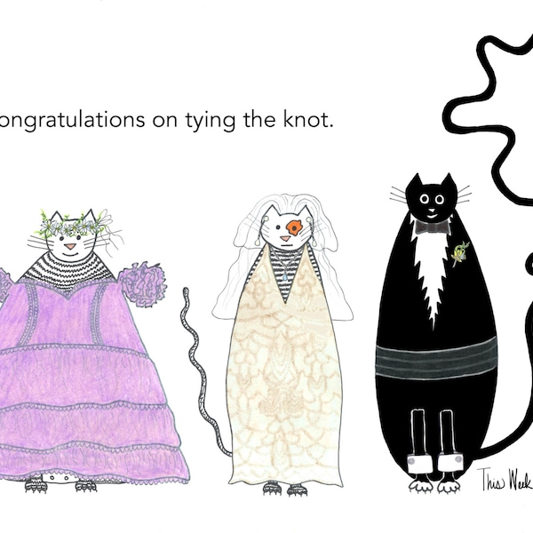 Cat card - Wedding Congratulations Funny Cats Three Cats Bride Groom Bridesmaid Tuxedo Knot Veil Flowers