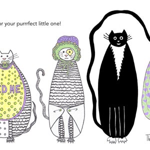 Carte de chat - bébé garçon fille inconnu sexe Surprise douche Félicitations chats bavoir Bonnet couche Pins tétine chaton cigogne sexe neutre