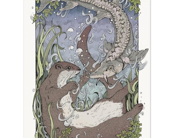 Otter and Sturgeon Fish Art Print | Museum-Quality Matte Paper Poster