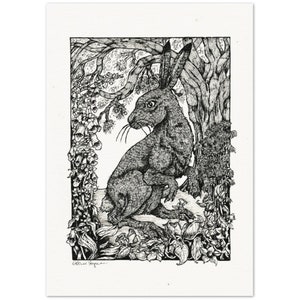 Hare and Poisonous Plants Art Print BLACK AND WHITE | Museum-Quality Matte Paper Poster