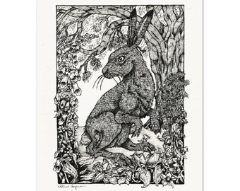 Hare and Poisonous Plants Art Print BLACK AND WHITE | Museum-Quality Matte Paper Poster