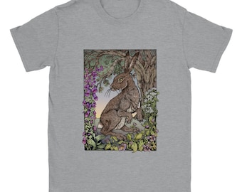 Classic Unisex Crewneck T-shirt with Hare and Poisonous Plants Drawing