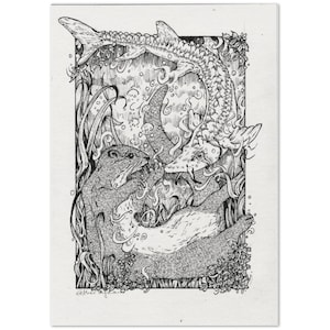 Otter and Sturgeon Fish Nature Print BLACK AND WHITE | Museum-Quality Matte Paper Poster