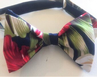 Orchids Retro Floral Self Tie or Pre-Tied Plum and Violet Black with blooms of Cream Tropical blooms Vintage Hawaiian Fabric Bow tie