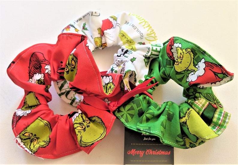 Merry GRINCHMAS Scrunchies /& Head Bands Lic Grinch Christmas Fabric Merry Red Naughty Nice Mean Green Hair Ties Gift for her MvZDesigns MvZ