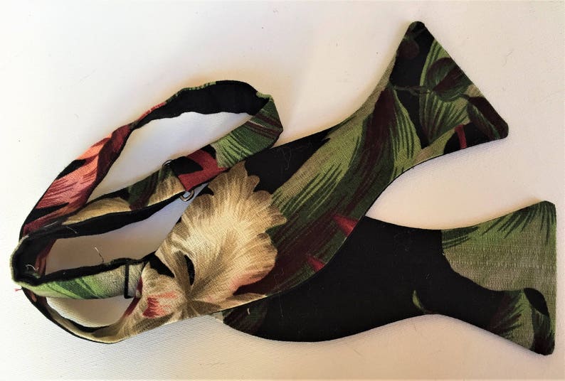 Orchids Retro Floral Self Tie or Pre-Tied Plum and Violet Black with blooms of Cream Tropical blooms Vintage Hawaiian Fabric Bow tie