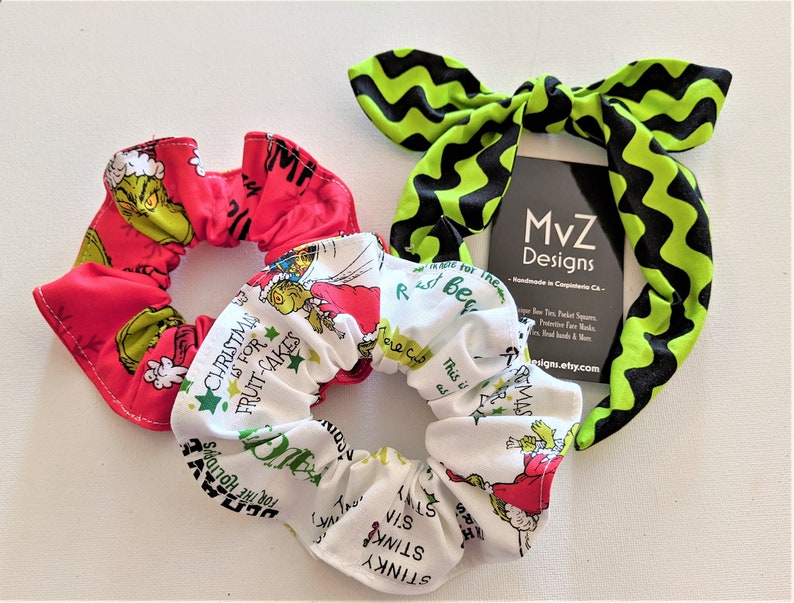 Merry GRINCHMAS Scrunchies /& Head Bands Lic Grinch Christmas Fabric Merry Red Naughty Nice Mean Green Hair Ties Gift for her MvZDesigns MvZ