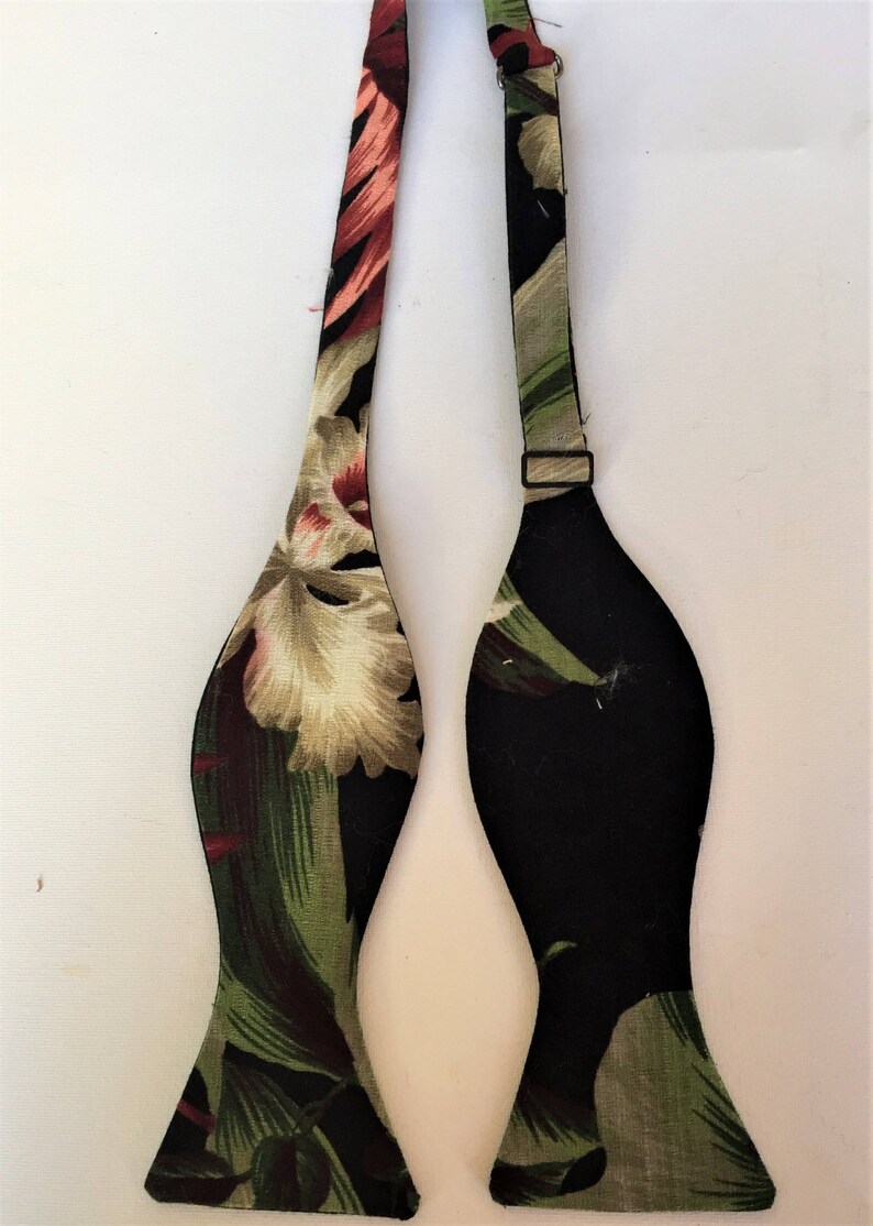 Orchids Retro Floral Self Tie or Pre-Tied Plum and Violet Black with blooms of Cream Tropical blooms Vintage Hawaiian Fabric Bow tie