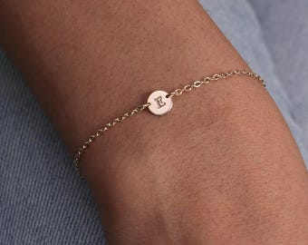 Dainty Initial Bracelet B207A • Personalized Letter Bracelet, Tiny Custom Disk Bracelet