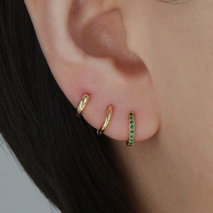 Emerald Huggie Hoop H8 • Dainty Gold Hoop Earrings, Minimalist Earrings