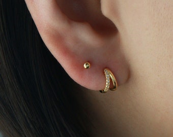 Double Hoop H7 • Huggie Hoop Earrings, Dainty Hoops, CZ Hoop Earrings, 14k Gold over Sterling Silver