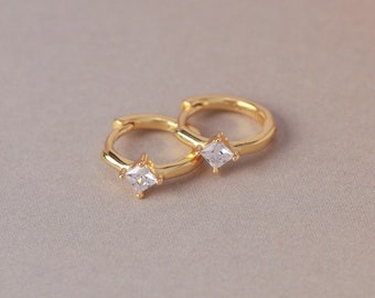 Square CZ Huggie Hoop H20 • Princess Cut CZ Hoop Earring, Solitaire Hoop Earring, Gold or Silver Everyday Hoop, Gift for Her