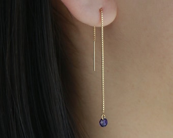 Birthstone Threader EBS1 • 14k Gold Fill, Sterling Silver, Threader Earrings, Chain Earrings, February, Amethyst, Gift For Her