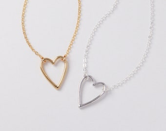 Open Heart Necklace N12 • Everyday Layering Necklace, Gold Heart Necklace, Silver Heart Necklace, Heart Outline Necklace, Bridesmaid Gift