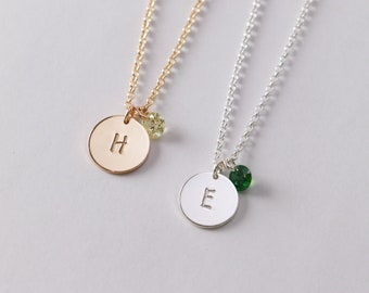 Small Disc Birthstone Necklace N208 • 9MM, Font 5, Initial Necklace, Custom Disc Necklace, Mom Necklace, Bridesmaid Gift For Her