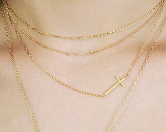 Side Cross Necklace N10 • Gold Cross Necklace, Layering Necklace, Christian Jewelry, Dainty Cross Necklace, Gift For Her