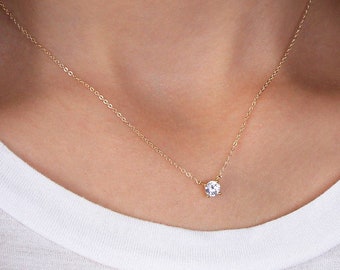 Collier solitaire CZ N14 • Collier délicat CZ, collier solitaire rond, collier de tous les jours, superposition de collier, cadeau de demoiselle d'honneur pour elle