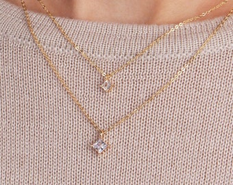 Princess Cut CZ Necklace N30 • Cubic Zirconia Necklace, Square CZ Necklace, Dainty Necklace, Gold Necklace, Diamond Shape, Gift For Her