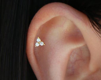 Trio CZ Stud Earrings S51 – 3 Leaf Flower, Dainty Everyday Stud, Cartilage Stud, Sterling Silver, Gold
