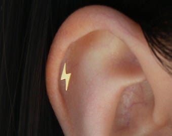 Lightning Bolt Stud Earring S7 • Dainty Gold Lightning Earring, Cartilage Stud