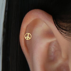 Peace Stud Earring S12 • Dainty Peace Sign Cartilage Earring, Small Everyday Stud Earring, Gold or Silver