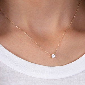 Solitaire CZ Necklace N14 Dainty CZ Necklace, Round Solitaire Necklace, Everyday Necklace, Layering Necklace, Bridesmaid Gift for Her image 1