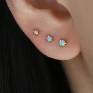Tiny Blue Opal Stud S50 • Dainty Gold Opal Earring, Everyday earring