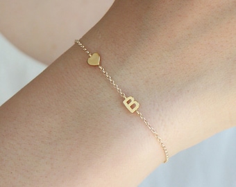 Dainty Sideways Heart Initial Bracelet B6 • Personalized Initial Bracelet, Custom Name Bracelet, Dainty Custom Jewelry, Love Bracelet