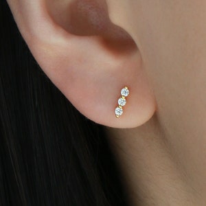 Triple CZ Stud S38 • Tiny CZ Earring, Dainty Earring, Tiny Stud, Small Stud Earring, Bar Stud, Cartilage Stud, Helix Stud