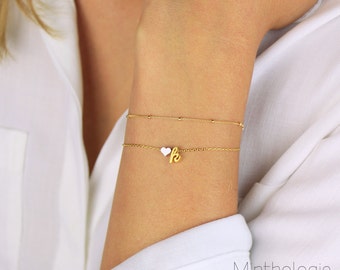 Mila Heart Initial Bracelet B6H • Personalized Bracelet, Lowercase Cursive, Monogram, Love Bracelet, Bridesmaid Gift, Gift For Her