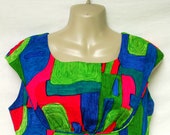 Vintage 60s Abstract Hawaiian Maxi Dress Women Psychedelic Aloha Sleeveless 1960s Clothing Blue Pink Green Noelani Casuals Tsuru