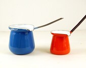 Two Vintage Mini Turkish Coffee Espresso Pots Enamel Melting Pitcher Retro Orange Blue Kitchen Decor