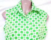 Vintage 60s Lime Green Polka Dot Sleeveless Top Blouses Women 70s Mod Rockabilly Pinup Clothing Womens Shirts