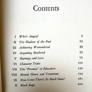 K&ouml;nnte beinhalten: Inhaltsverzeichnis eines Buches mit dem Titel "Contents" in fetter schwarzer Schrift. Die Liste enth&auml;lt Kapitel&uuml;berschriften wie "Who's Angry?" und "Black Rage", jeweils mit Seitenzahlen. Die Seite ist cremefarben.