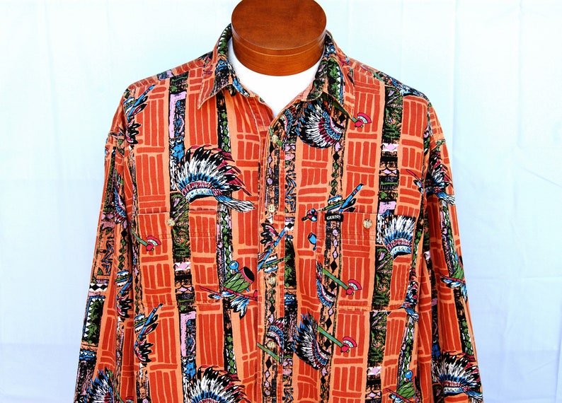 Vtg Mens Guess Native American Print Corduroy Shirt Mens Vintage 80s Clothing Georges Marciano USA Made Long Sleeve
