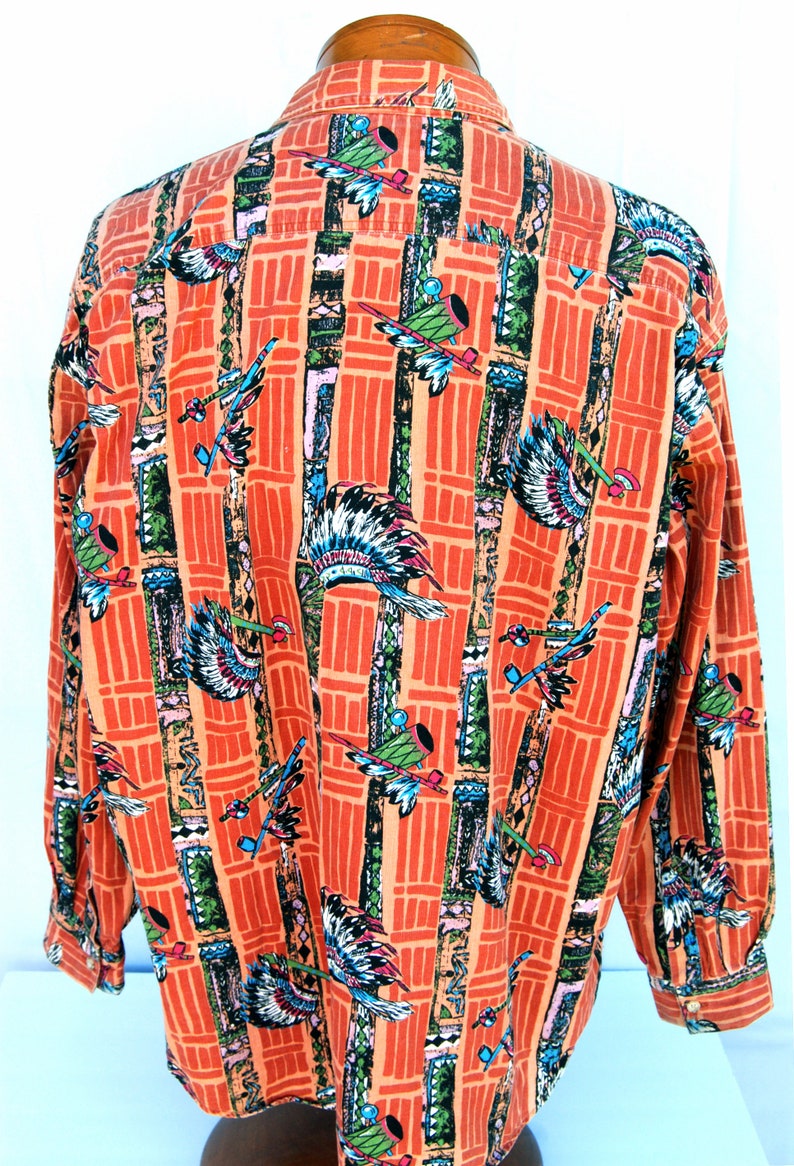 Vtg Mens Guess Native American Print Corduroy Shirt Mens Vintage 80s Clothing Georges Marciano USA Made Long Sleeve