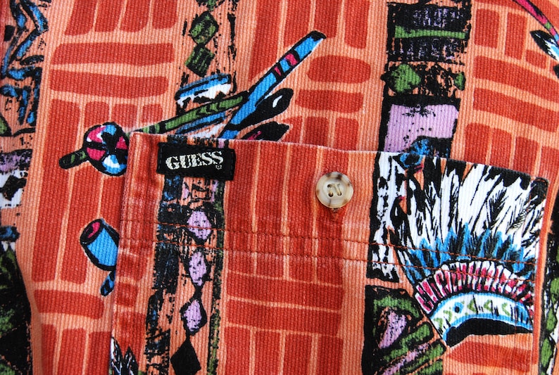 Vtg Mens Guess Native American Print Corduroy Shirt Mens Vintage 80s Clothing Georges Marciano USA Made Long Sleeve