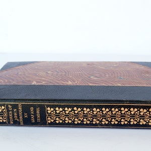 May include: A brown leather-bound book with gold lettering on the spine. The title is "Works of John Burroughs XV Leaf and Tendril".