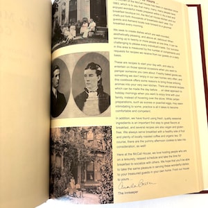 May include: Open book with text and vintage photographs. The text reads "From Our House to Yours..." and discusses recipes and breakfast at the McCall House. Includes black and white photos of a house and people.