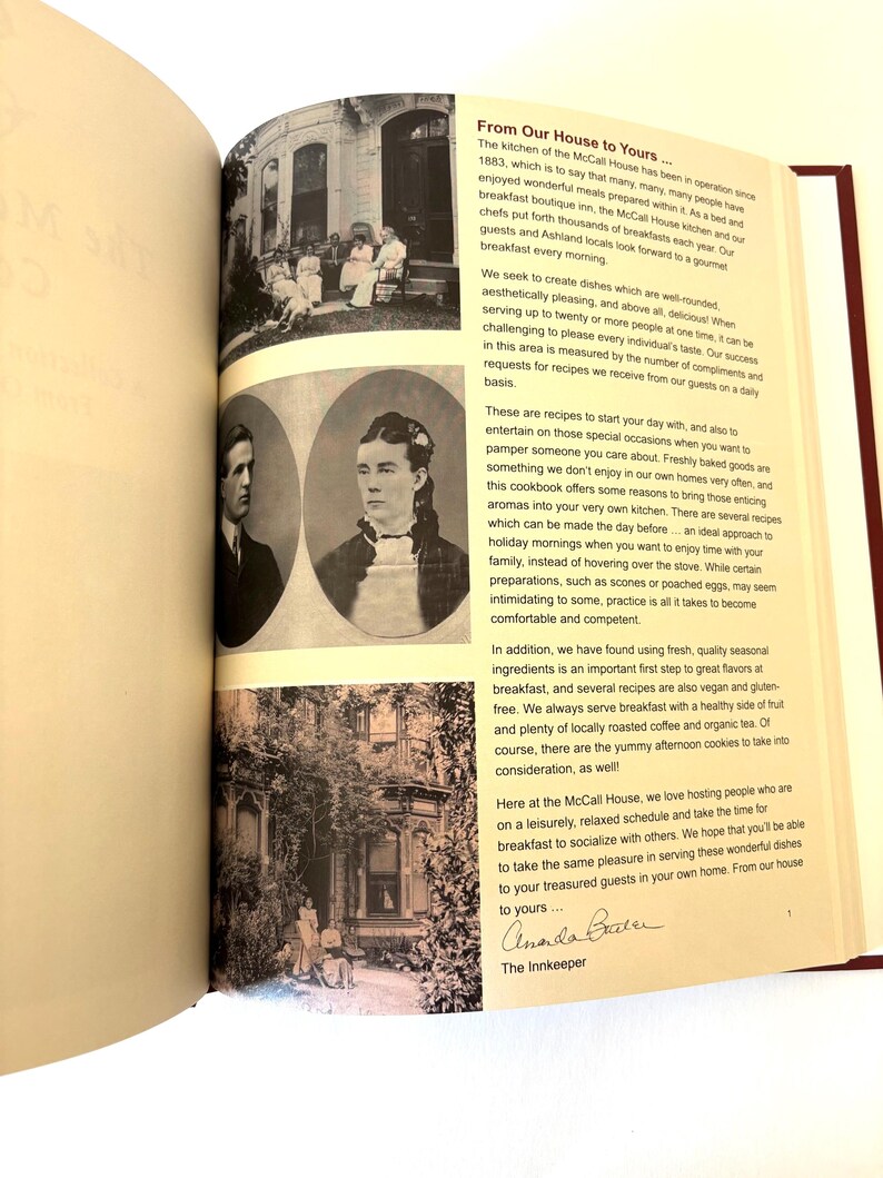 May include: Open book with text and vintage photographs. The text reads "From Our House to Yours..." and discusses recipes and breakfast at the McCall House. Includes black and white photos of a house and people.