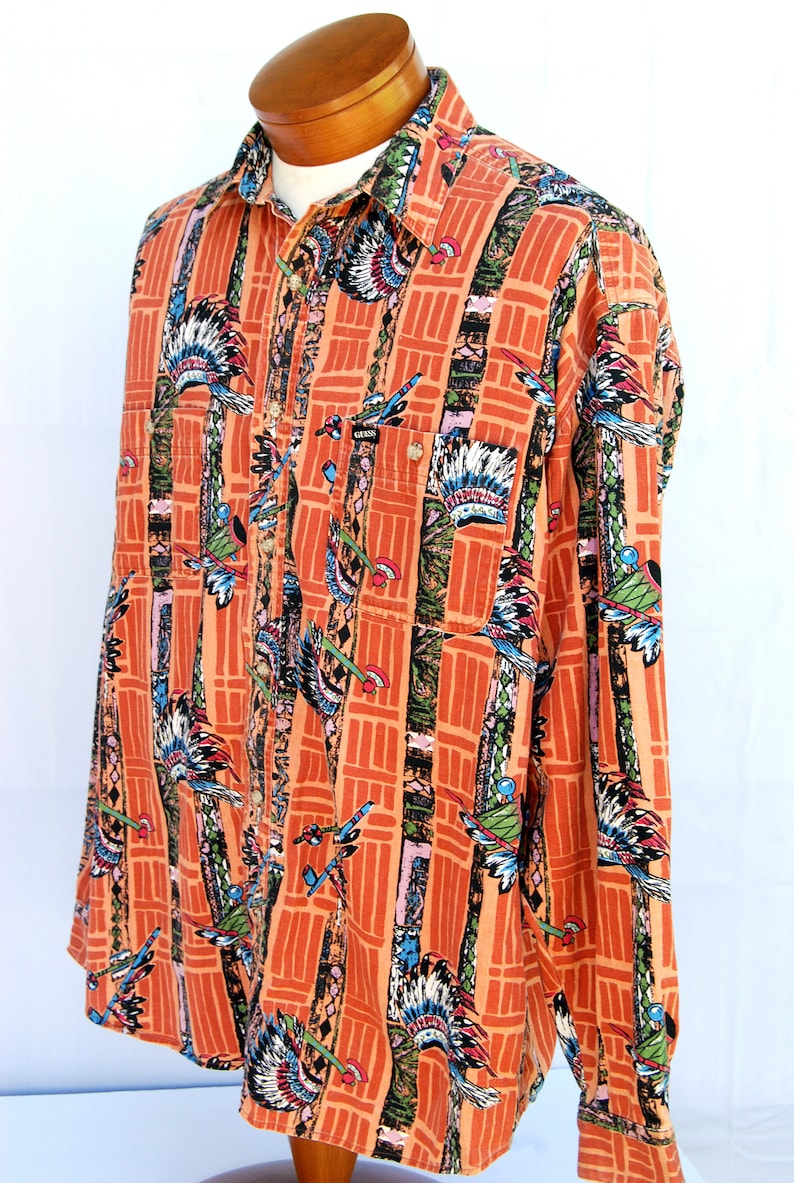 Vtg Mens Guess Native American Print Corduroy Shirt Mens Vintage 80s Clothing Georges Marciano USA Made Long Sleeve