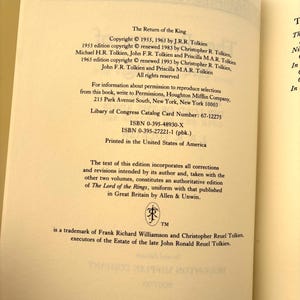 May include: Open book page with text from "The Return of the King" by J.R.R. Tolkien. Copyright information, ISBNs, and Library of Congress Catalog Card Number are visible. The text is printed in the United States of America.
