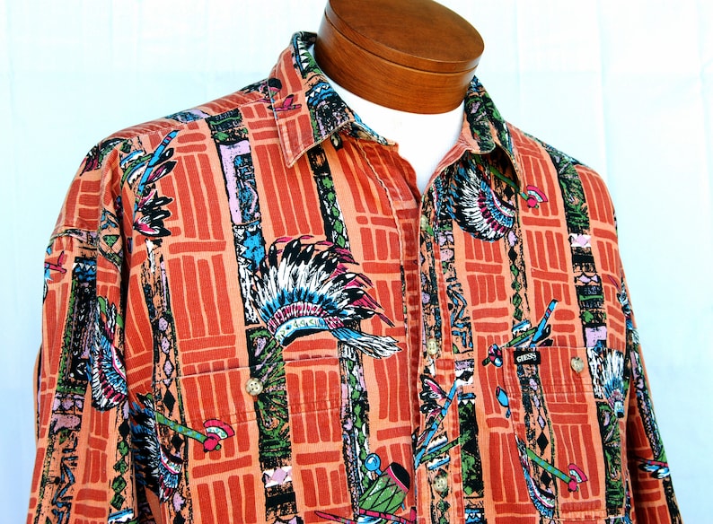Vtg Mens Guess Native American Print Corduroy Shirt Mens Vintage 80s Clothing Georges Marciano USA Made Long Sleeve