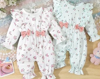 Baby Bow Girls Green or Ivory Floral Pattern Ruffled Long Sleeve Romper  Bodysuit Size 6-9 mo.       SALE 50% Off